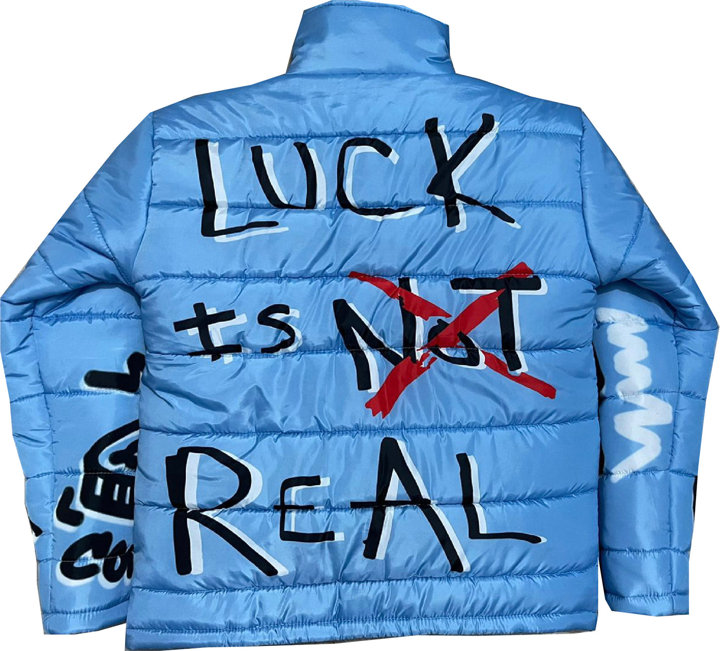 “Luck Is Not Real" Baby Blue Graffiti Puffer Jacket