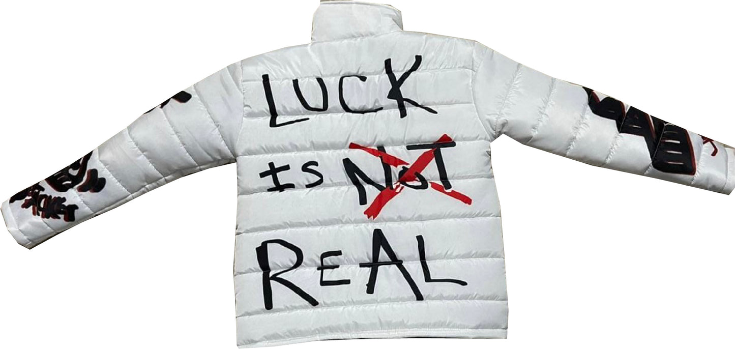 “Luck Is Not Real" White Graffiti Puffer Jacket