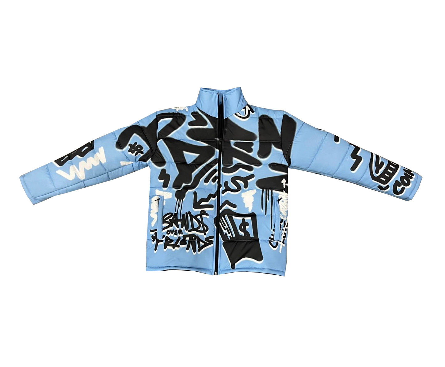 “Luck Is Not Real" Baby Blue Graffiti Puffer Jacket