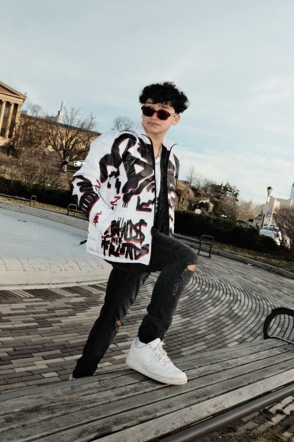 “Luck Is Not Real" White Graffiti Puffer Jacket