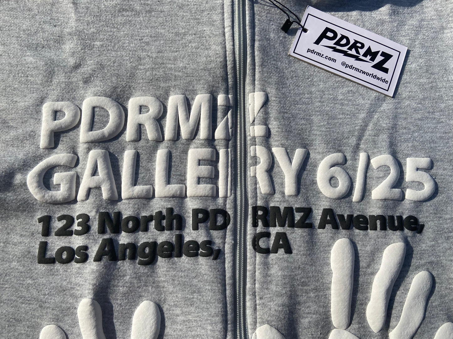 “6/25 Gallery” Grey Zip-Up Puff Print Hoodie