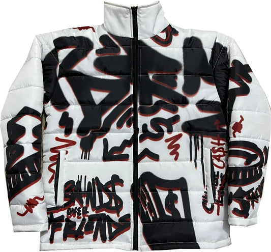 “Luck Is Not Real" White Graffiti Puffer Jacket