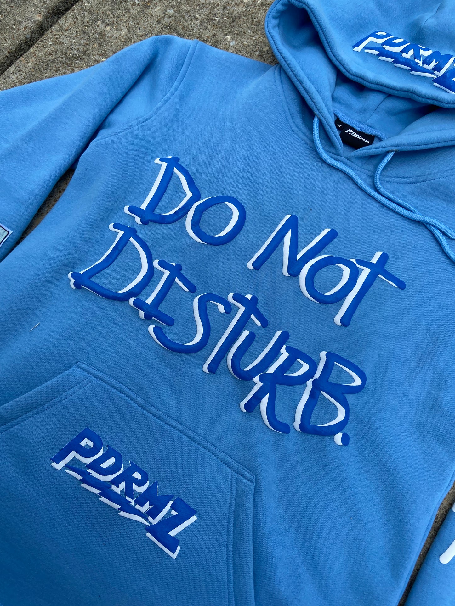 “Do Not Disturb” Baby Blue Patchwork Hoodie