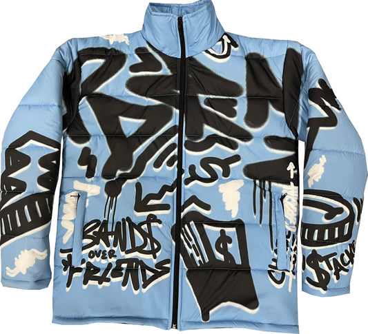 “Luck Is Not Real" Baby Blue Graffiti Puffer Jacket